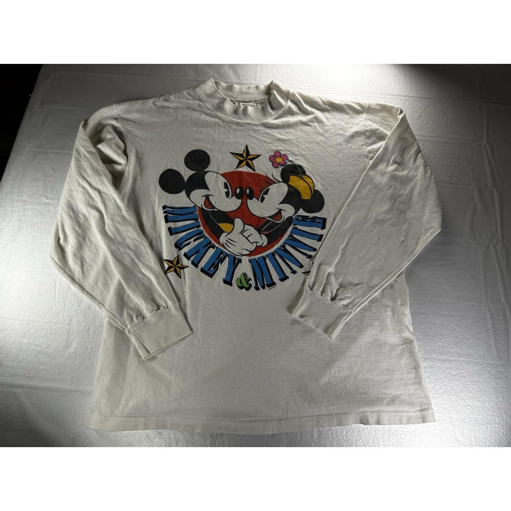 VTG 90s Mickey & Minnie Mouse Shirt White One Size Long Sleeve Single Stitch USA